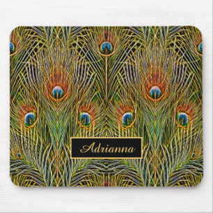 Elegant Stylish Gold Peacock Feathers With Name Mouse Pad