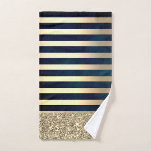 Elegant Stylish Gold Stripes Glitter,Navy Blue Hand Towel