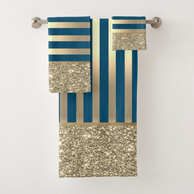 Elegant Stylish Gold Stripes Glitter Shiny,Teal Bath Towel Set (Insitu)