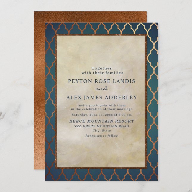 Elegant Stylish Gold Teal Copper Wedding Invite (Front/Back)