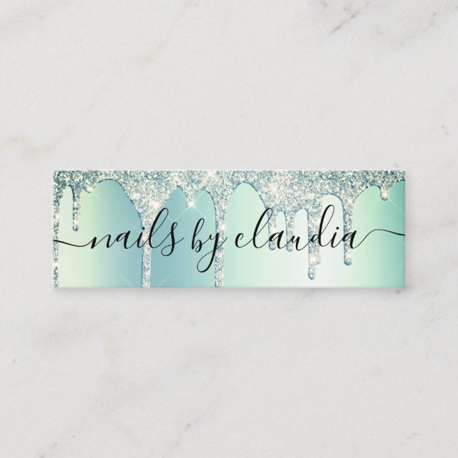 Elegant stylish green mint glitter drips nails mini business card (Front)