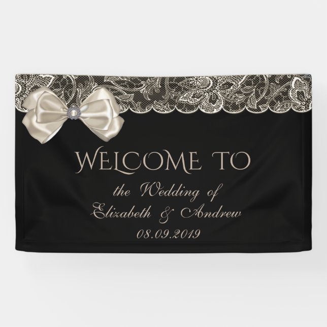 Elegant Stylish,Lace,Bow, Black  Wedding Banner (Horizontal)