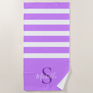 Elegant Stylish Lavender Striped Monogram Name Beach Towel