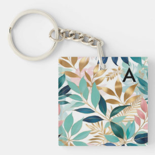 Elegant Stylish Leaves Leaf Pattern Monogrammed Key Ring
