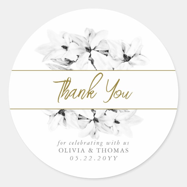 Elegant Stylish Magnolias Gold Wedding Thank You Classic Round Sticker (Front)