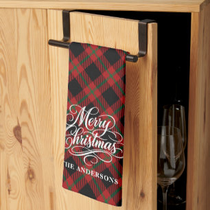 Elegant Stylish Merry Christmas Script Plaid Tea Towel