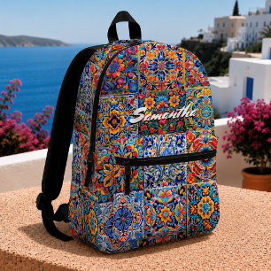 Elegant stylish Mexican talavera tiles monogram Printed Backpack
