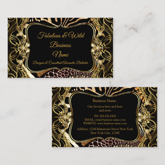 Elegant Stylish Modern Gold Black Wild Animal Business Card (Front/Back)