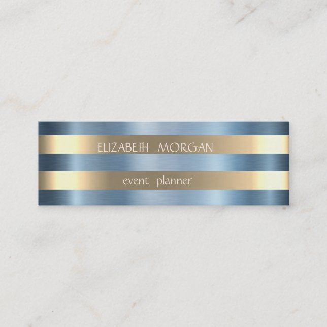 Elegant Stylish Modern Gold Striped,Blue Metallic Mini Business Card (Front)