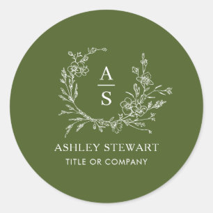 Elegant Stylish Monogram Logo Modern Moss Green Classic Round Sticker