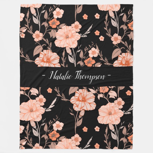 Elegant stylish monogrom l Black pattern floral Fleece Blanket (Front)