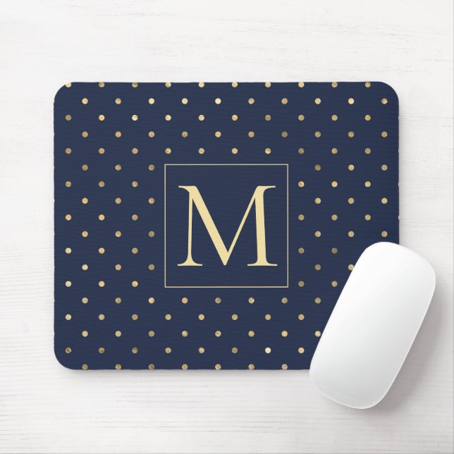 Elegant Stylish Navy Blue Gold Polka Dots Monogram Mouse Pad (With Mouse)