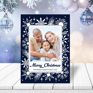 Elegant Stylish Navy Snowflake Family Photo Holiday Card