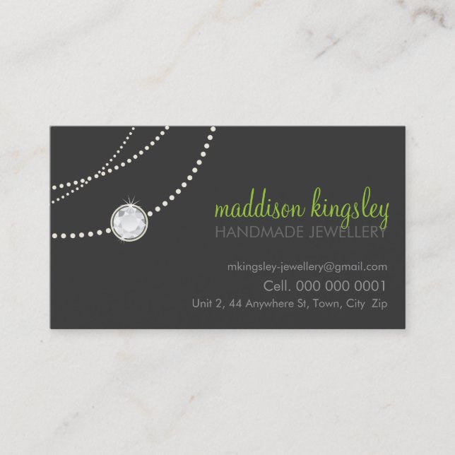 elegant stylish necklace solitaire grey lime green business card (Front)