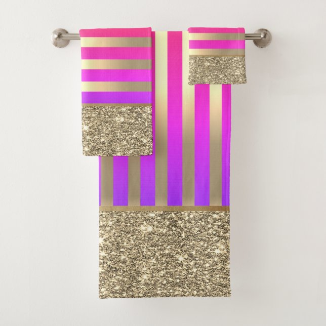 Elegant Stylish Ombre Gold Stripes Glitter Shiny Bath Towel Set (Insitu)