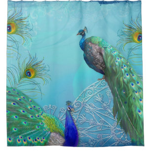 Elegant Stylish Peacocks n Feathers Shower Decor Curtain
