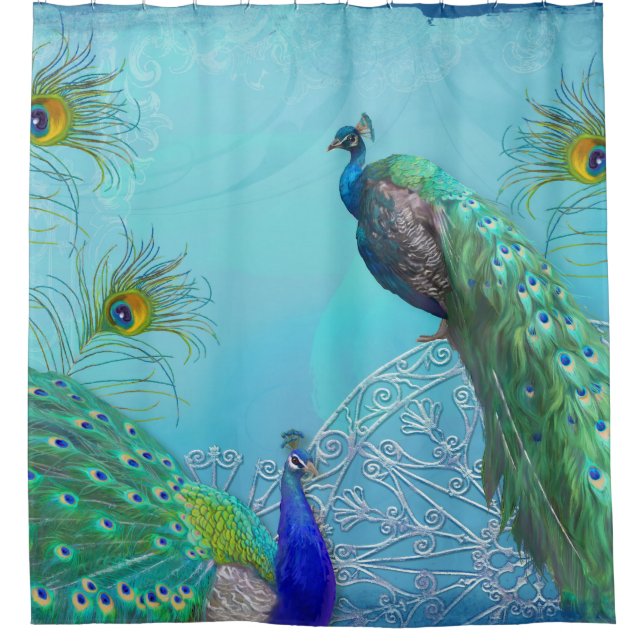 Elegant Stylish Peacocks n Feathers Shower Decor Curtain (Front)