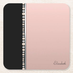 Elegant Stylish Pearls Black Pink Square Paper Coaster