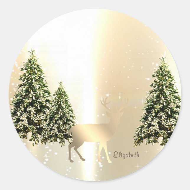 Elegant,Stylish Pine Trees,Christmas Reindeer  Classic Round Sticker (Front)