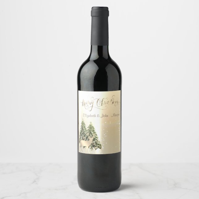 Elegant,Stylish Pine Trees,Christmas Reindeer  Wine Label (Front)