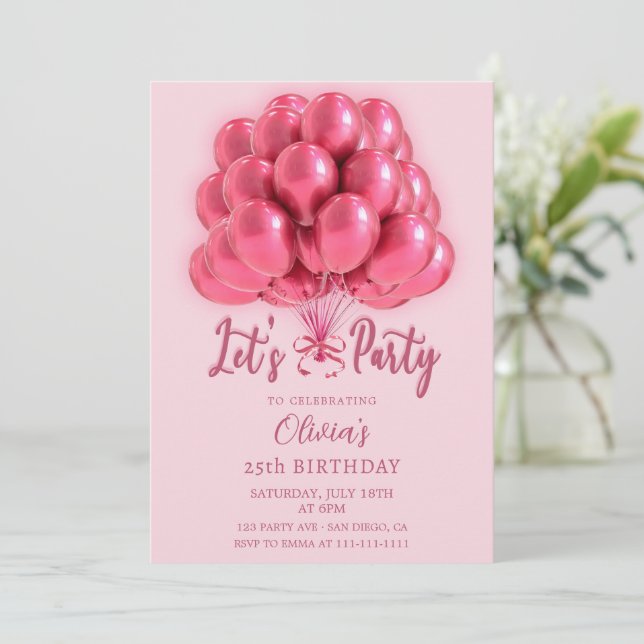 Elegant Stylish Pink Balloons Birthday Invitation (Standing Front)