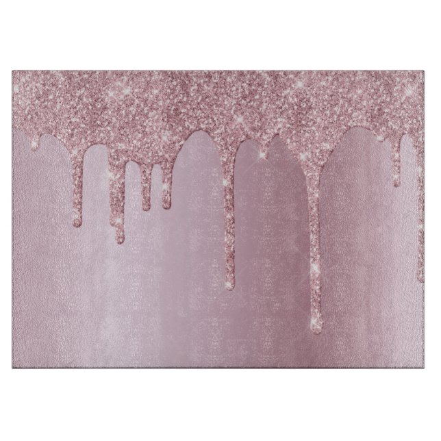 Elegant stylish pink rose gold glitter drips cutting board (Front)