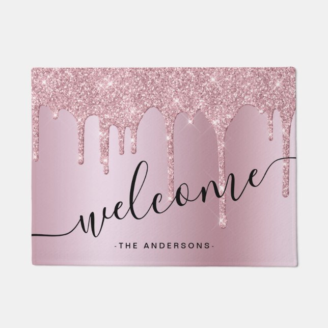 Elegant stylish pink rose gold glitter drips doormat (Front)