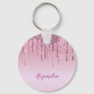 Elegant stylish pink rose gold glitter drips key ring