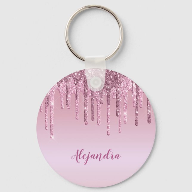 Elegant stylish pink rose gold glitter drips key ring (Front)