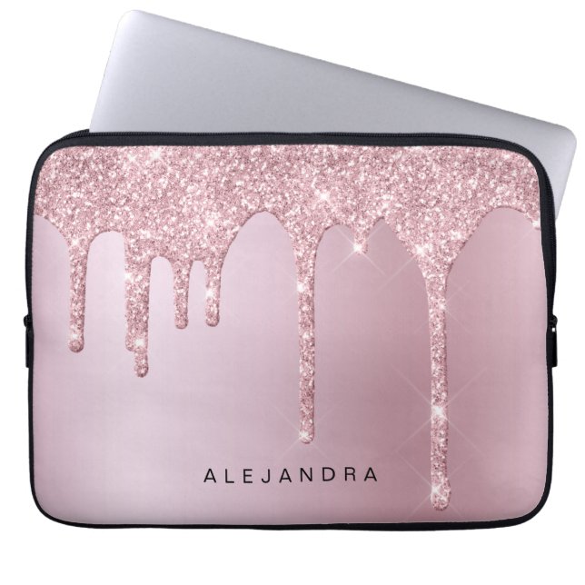 Elegant stylish pink rose gold glitter drips laptop sleeve (Front)
