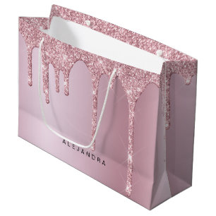 Elegant stylish pink rose gold glitter drips large gift bag