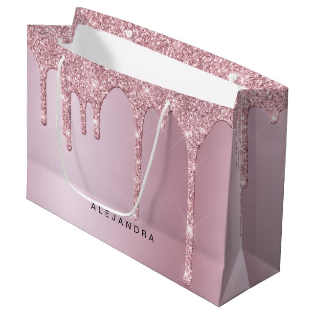 Elegant stylish pink rose gold glitter drips large gift bag (Front Angled)
