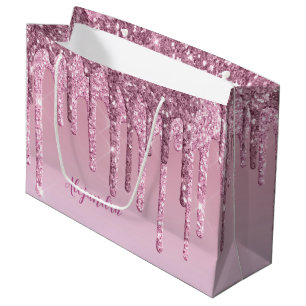 Elegant stylish pink rose gold glitter drips large gift bag
