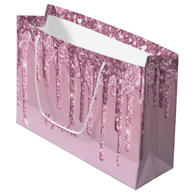 Elegant stylish pink rose gold glitter drips large gift bag (Front Angled)