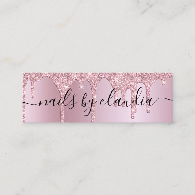 Elegant stylish pink rose gold glitter drips nails mini business card (Front)