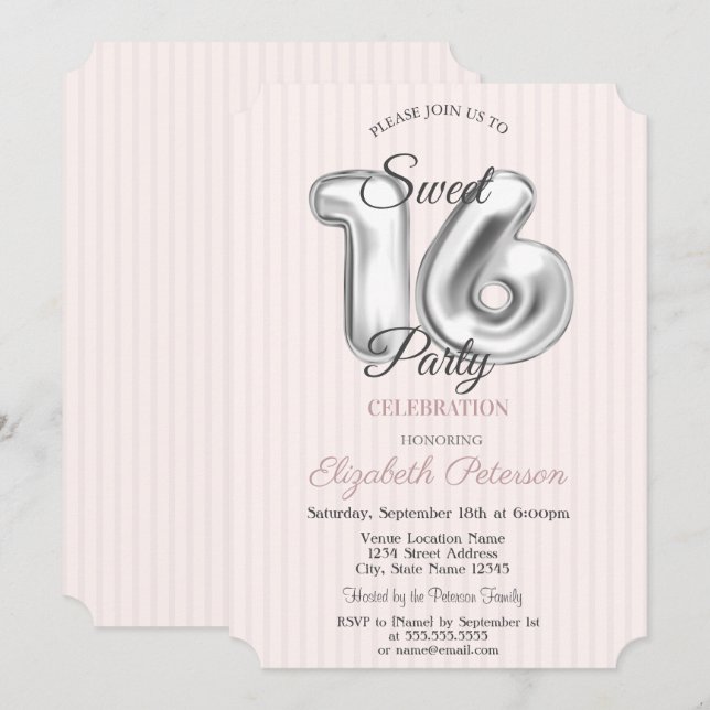 Elegant Stylish Pink Striped Sweet 16 Invitation (Front/Back)