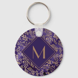 Elegant Stylish Purple Gold Leaves Monogram Key Ring