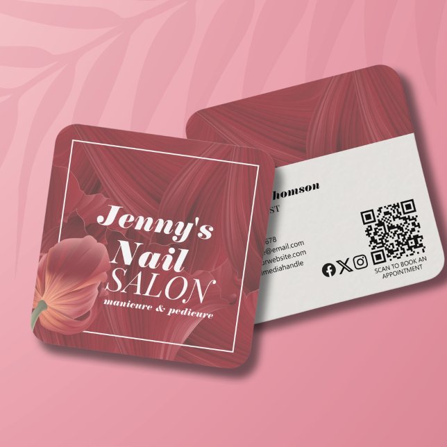 Elegant Stylish Red Abstract Pattern Nail Makeup Square Business Card (Creator Uploaded)