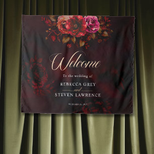 Elegant stylish red black floral wedding welcome tapestry