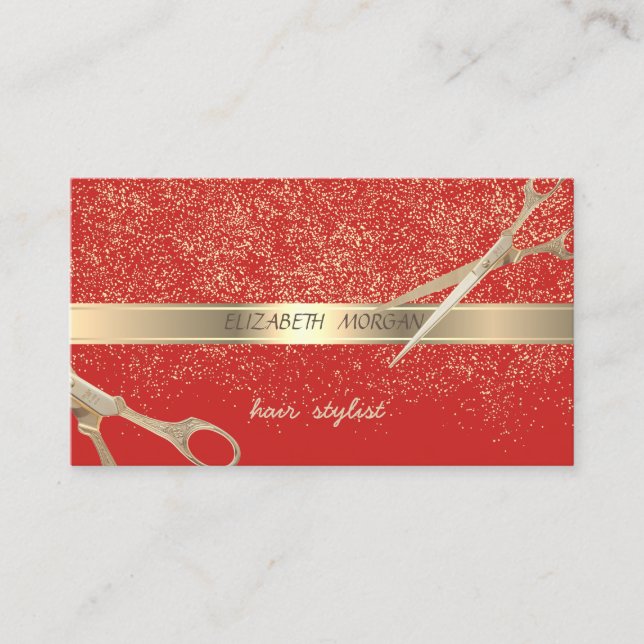 Elegant Stylish,Red ,Gold Confetti,Scissors Business Card (Front)