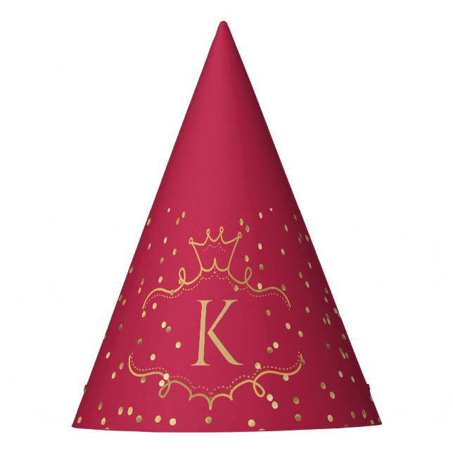 Elegant Stylish Red Gold Dots And Royal Monogram Party Hat (Front)