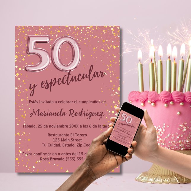 Elegant Stylish Rose Gold 50th Birthday Spanish Invitation (Creator Uploaded)