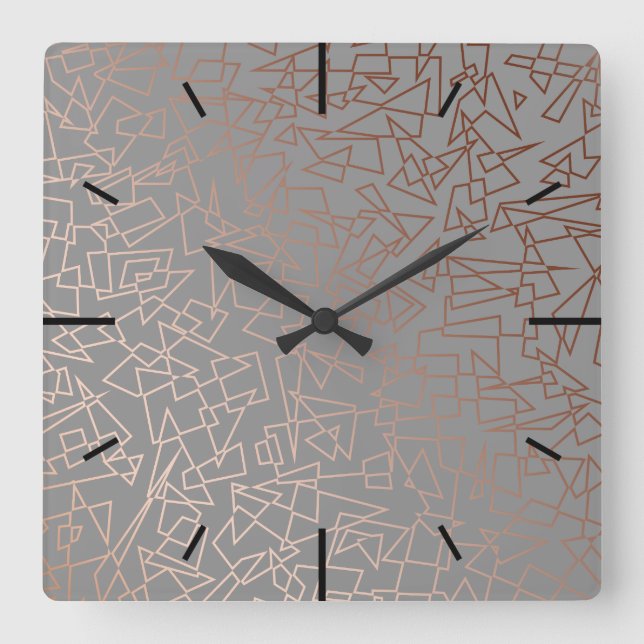 Elegant stylish rose gold geometric pattern grey square wall clock (Front)