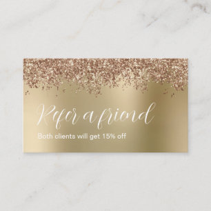 Elegant stylish rose gold glitter makeup & hair referral card