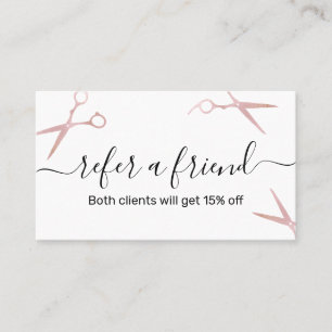 Elegant stylish rose gold scissors hairstylist referral card