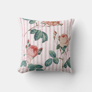 Elegant Stylish Roses Pink French Ticking Stripes Cushion