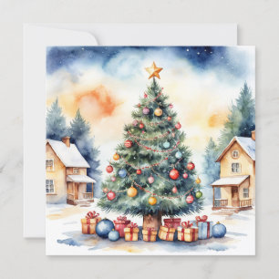 Elegant Stylish Rustic Watercolor Christmas Tree Holiday Card