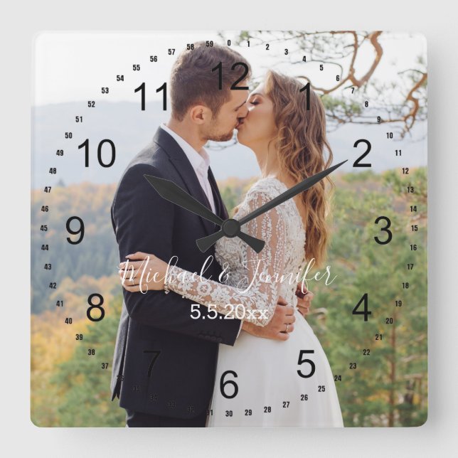 elegant stylish script wedding photo anniversary  square wall clock (Front)