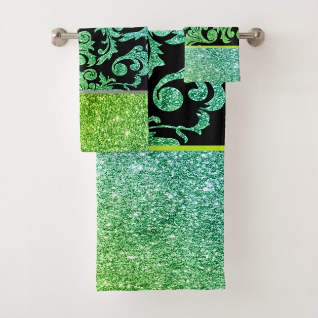 Elegant Stylish Shiny Green Black Gold Swirls Bath Towel Set (Insitu)