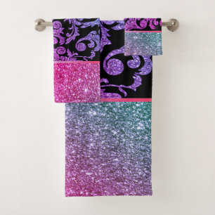 Elegant Stylish Shiny Purple Black Gold Swirls Bath Towel Set